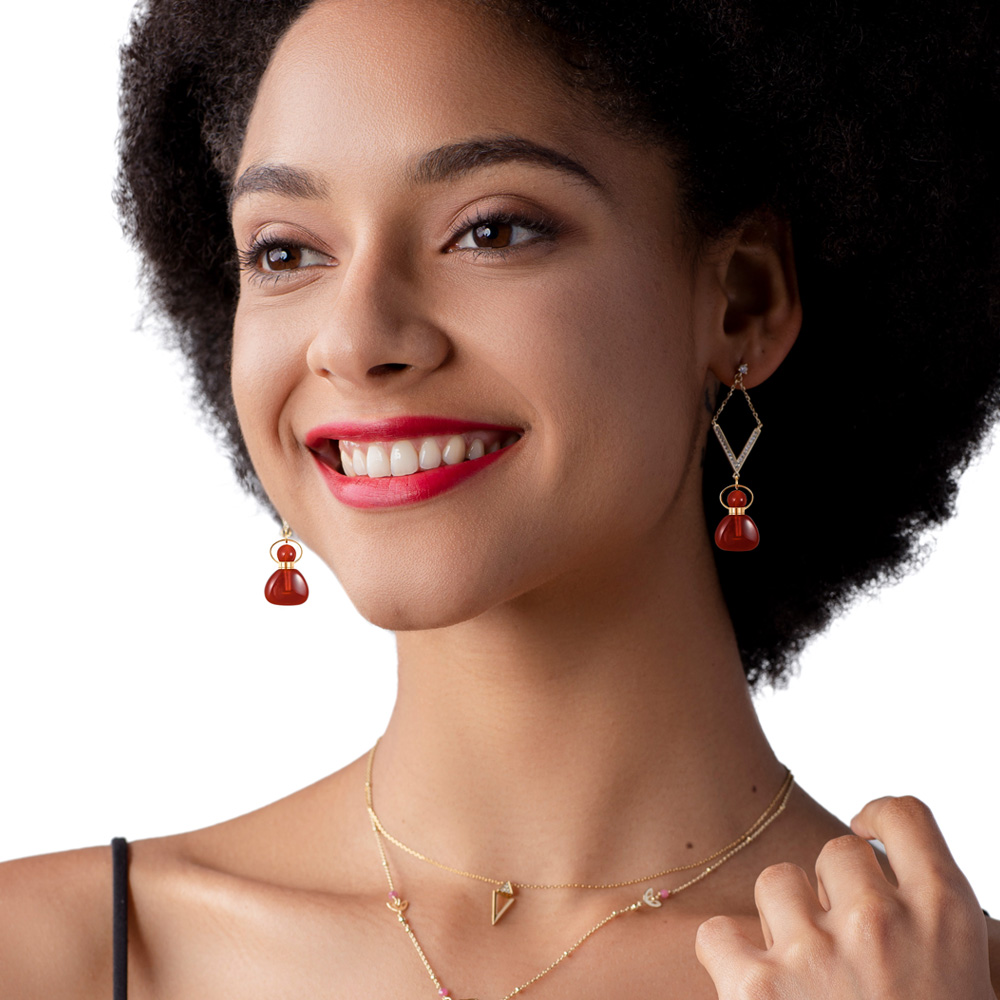 Second image of Cornelian Essential Oil Bottle Charm Earrings | Fire Element Charm Earrings corresponds Sweet Orange Oil